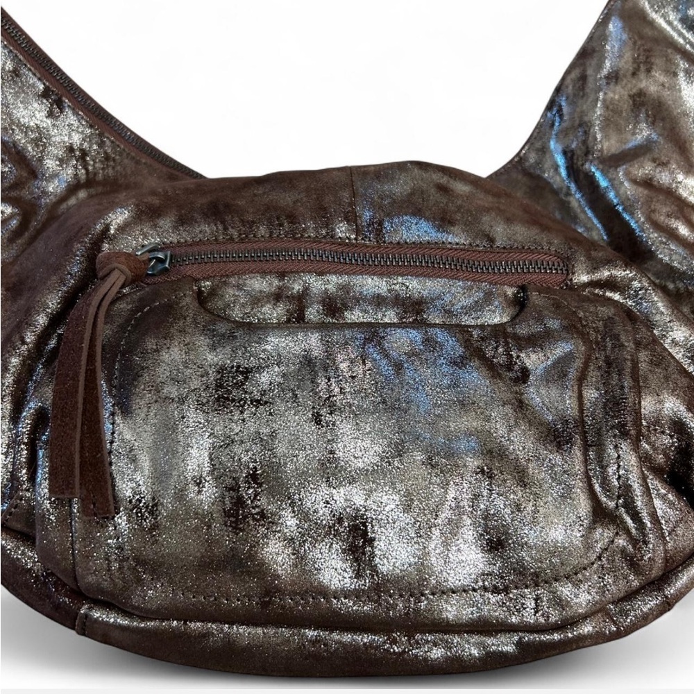 NWT Free People Brown Leather Sparta Sling Bag Large Boho Crossbody Shimmer - Picture 4 of 10